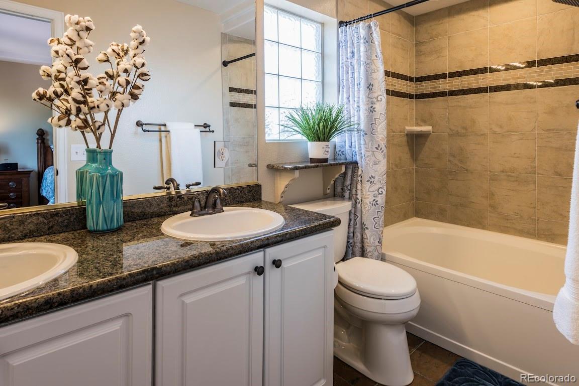 1279 Braewood Avenue Highlands Ranch, CO 80129 - Photo 11 of 20 a bathroom with a granite countertop sink toilet and shower