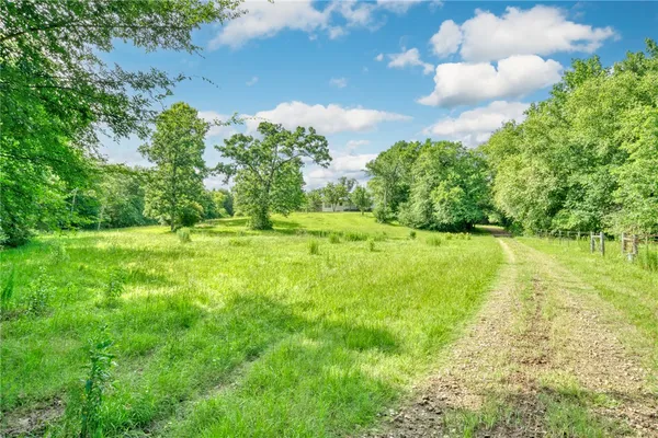 a yard with lots of green space and trees all around