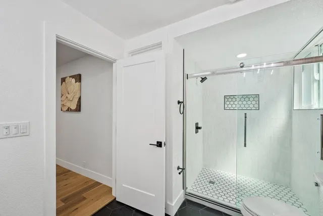 a bathroom with a shower and a toilet