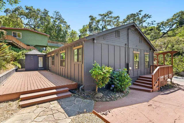 a view of backyard with a patio and plants