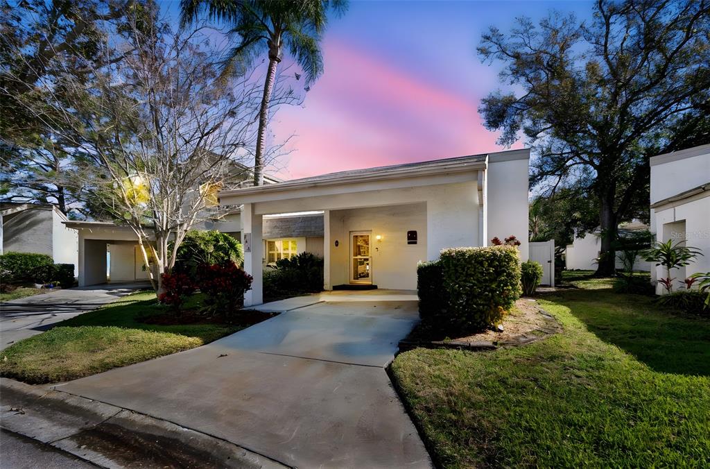 a view of a house with backyard and trees