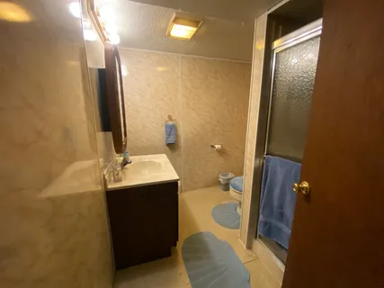 a bathroom with a sink and mirror with toilet