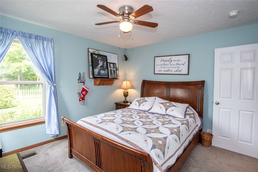 126 Timber Ridge Drive Elyria, OH 44035 - Photo 34 of 49 Bedroom featuring light carpet, a ceiling fan, baseboards, and a textured ceiling