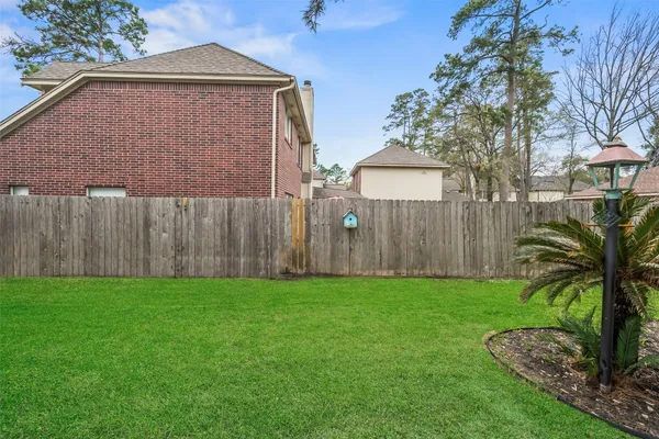 a view of a backyard with potted plants and a large tree