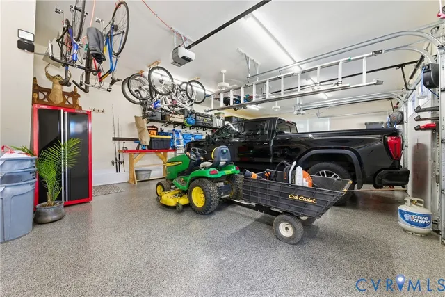 a car and bike parked in a garage