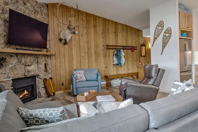 a living room with furniture a fireplace and a floor to ceiling window