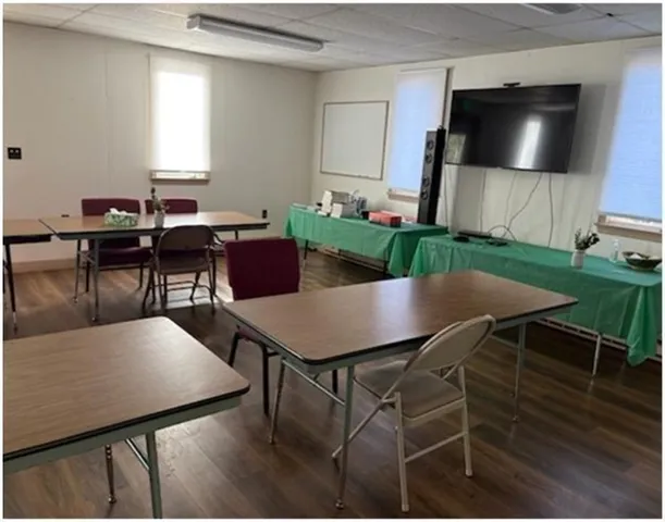 a view of a dining room with furniture