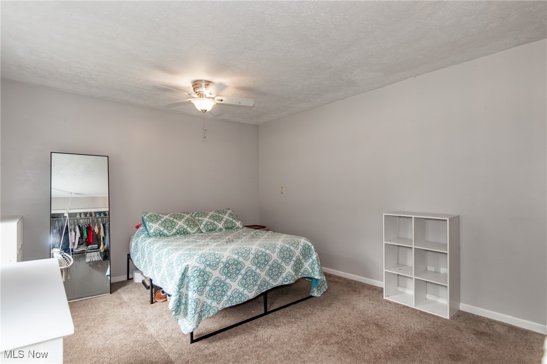 9723 Thwing Road Chardon, OH 44024 - Photo 27 of 42 Bedroom with light colored carpet, a textured ceiling, and a ceiling fan