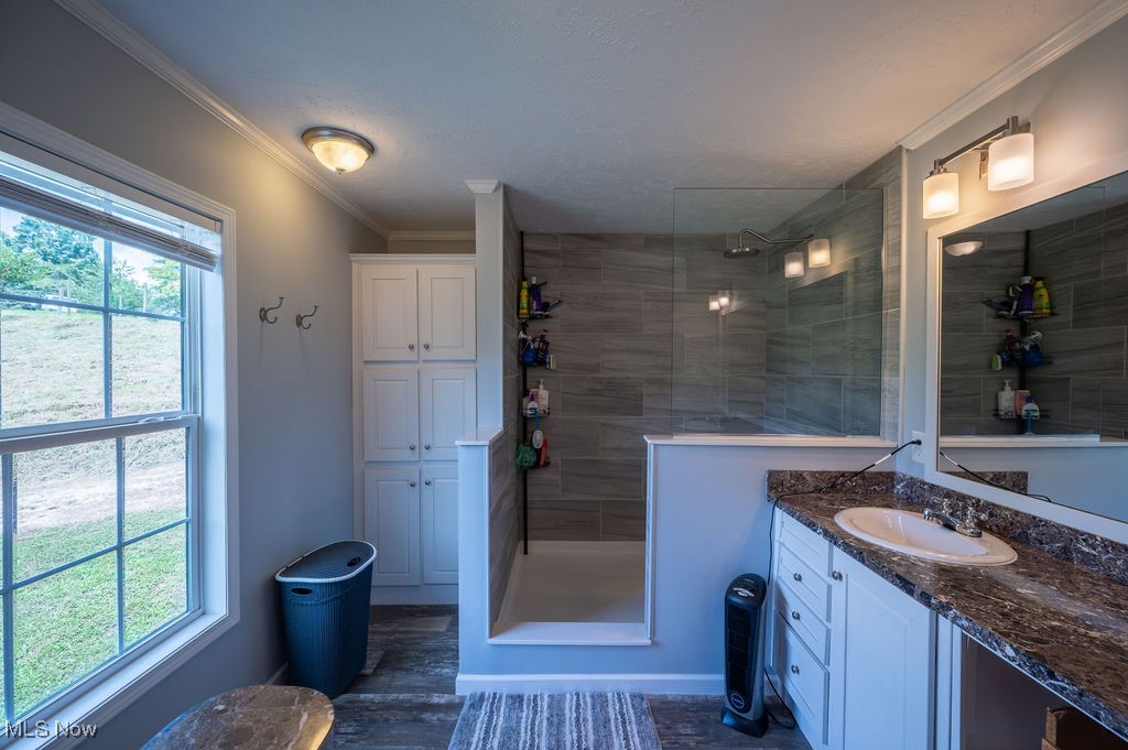 560 Wine Road Elizabeth, WV 26143 - Photo 30 of 50 Full bath featuring vanity, walk in shower, crown molding, and a textured ceiling