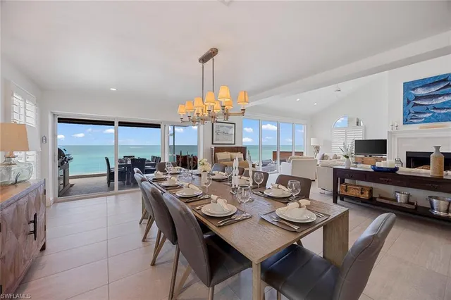 a view of a dining room with furniture window and outside view