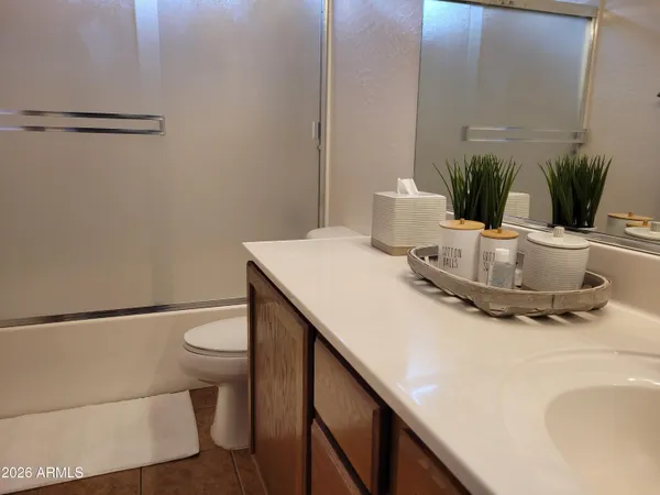 a bathroom with a sink a toilet and potted plant