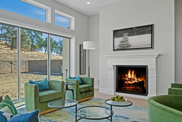 a living room with furniture a fireplace and a floor to ceiling window