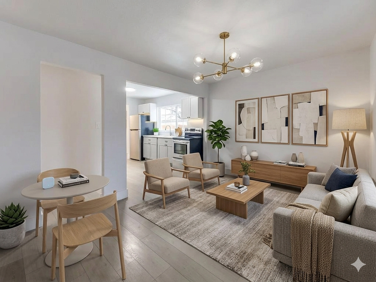 Open-concept living space with light wood-finish flooring