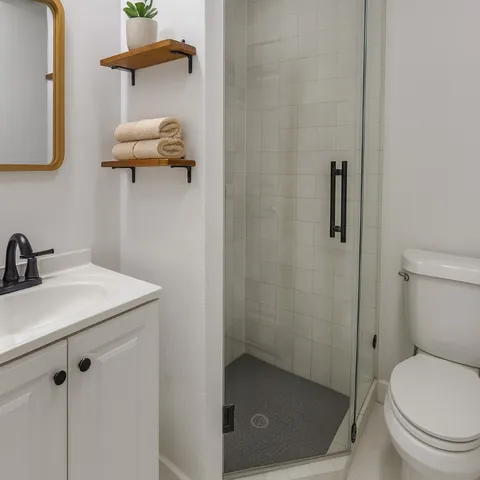 a bathroom with a sink a toilet and shower
