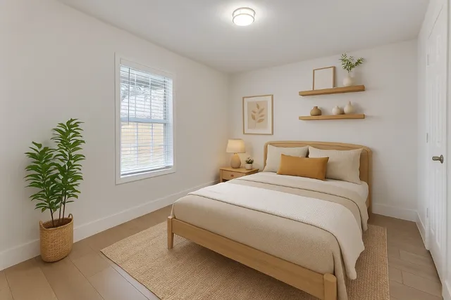 a bedroom with a bed and a potted plant