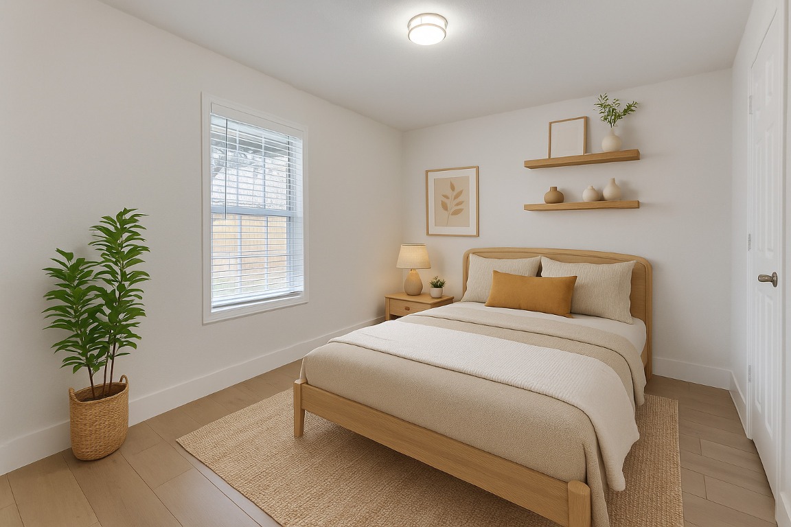 1108 Vasquez Street Austin, TX 78741 - Photo 7 of 33 a bedroom with a bed and a potted plant