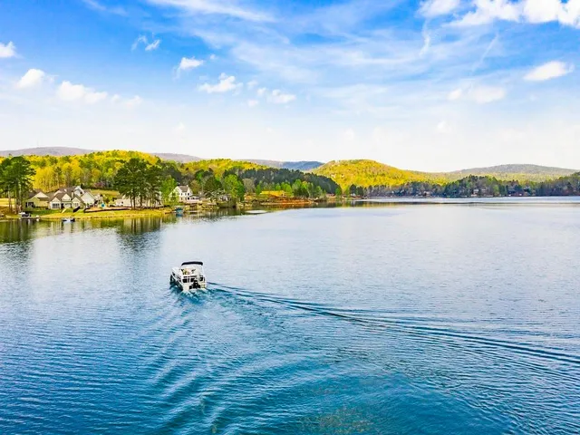 a view of a lake with a mountain in the back