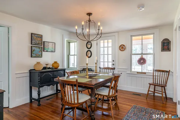 a view of a dining room with furniture window and wooden floor