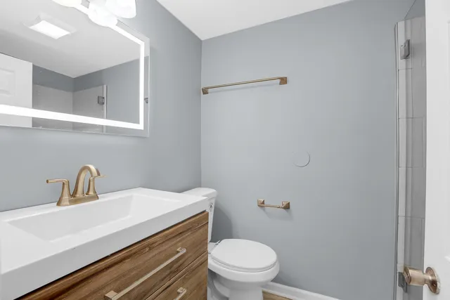 a bathroom with a sink a toilet and a mirror