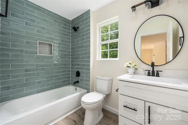 a bathroom with a toilet a sink a mirror and bathtub