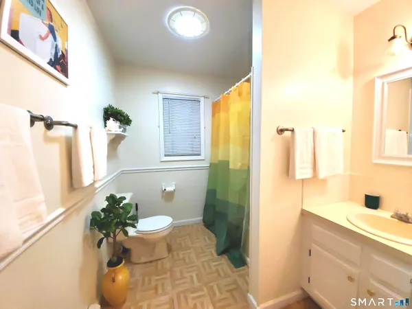 a bathroom with a potted plant and a sink