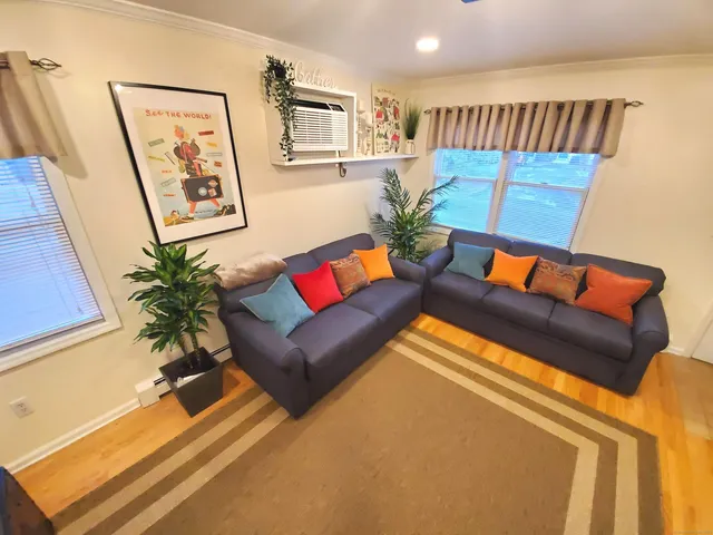 a living room with furniture and a potted plant