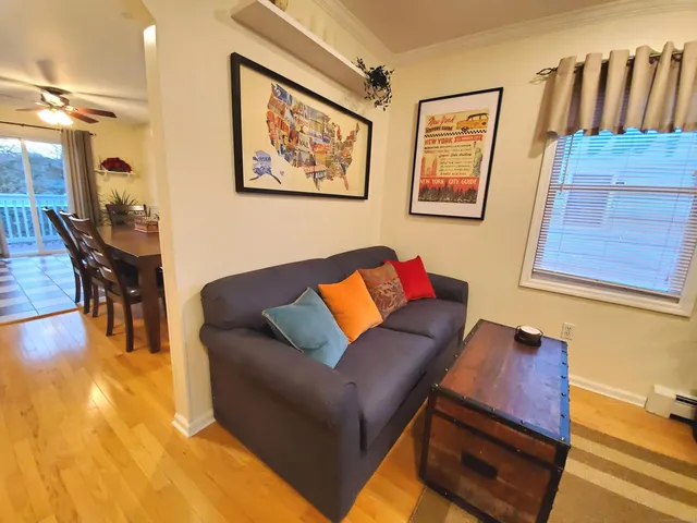 a living room with furniture and a wooden floor