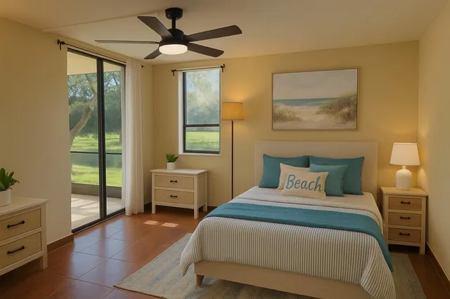 an empty room with windows and outdoor view