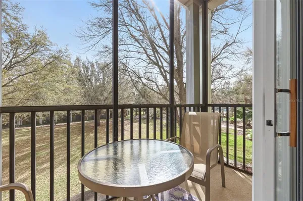a view of a balcony with mountain view