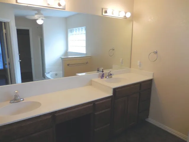 a bathroom with a sink vanity and a mirror