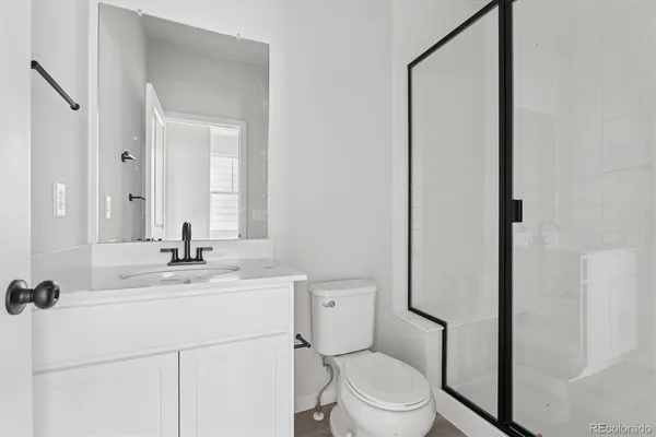 a bathroom with a sink a toilet a mirror and shower