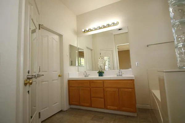 a bathroom with a double vanity sink a large mirror and shower