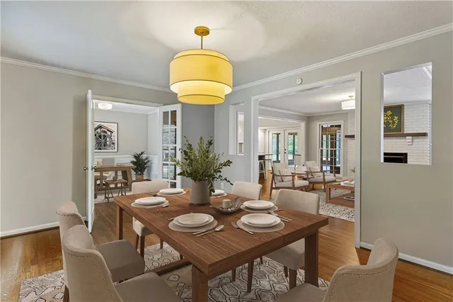 a view of a dining room with furniture