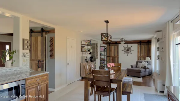 a view of a dining room with furniture and wooden floor