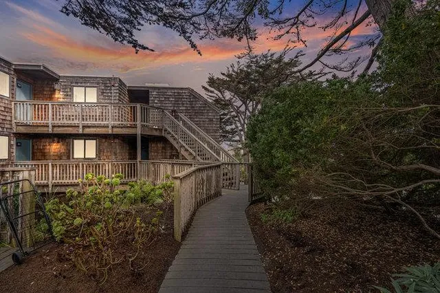 a view of a house with a small yard plants and large trees