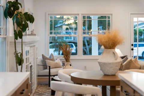 a living room with furniture a potted plant and a large window