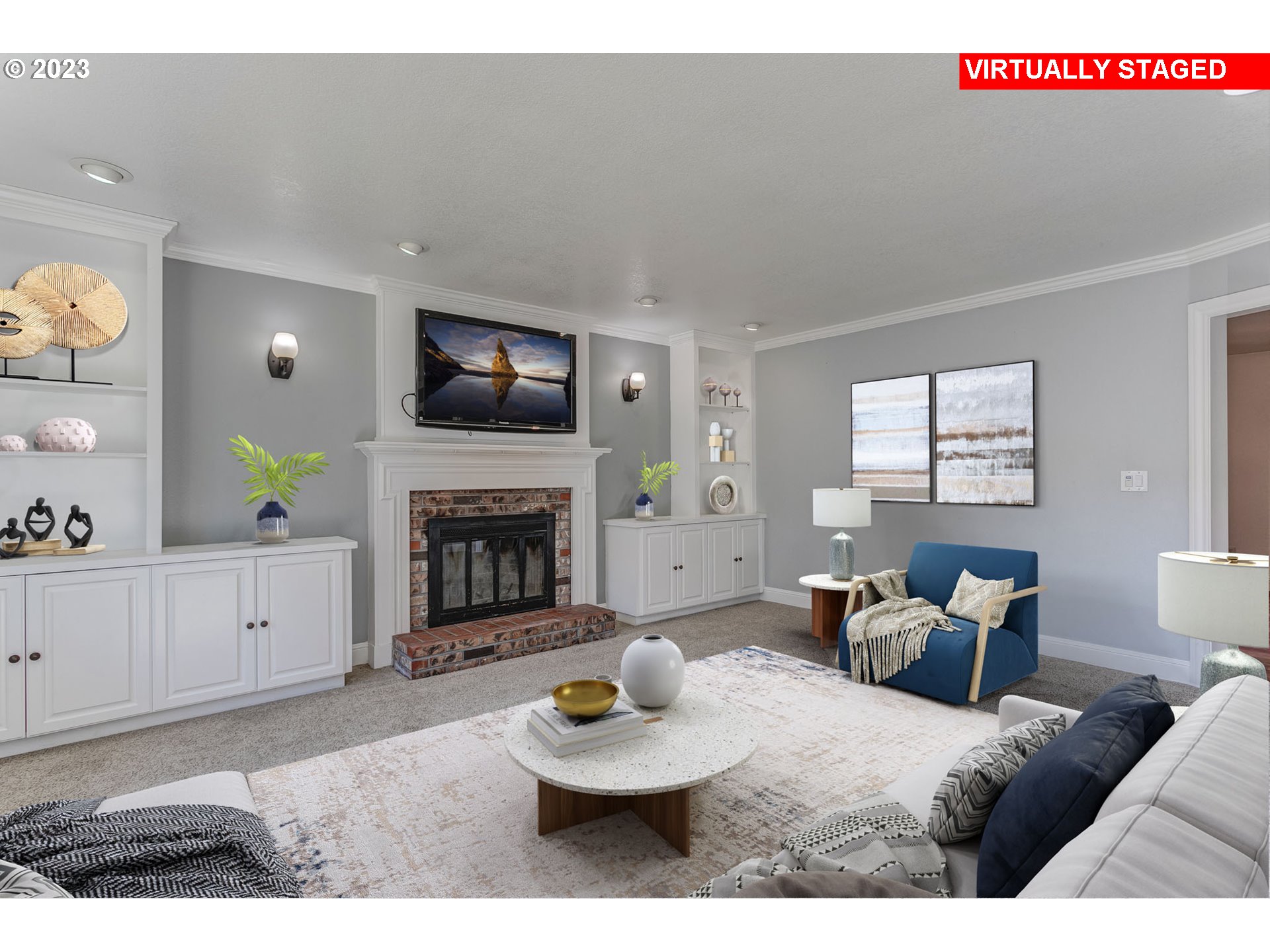 21321 Southeast Alder Street Gresham, OR 97030 - Photo 2 of 39 a living room with furniture a fireplace and a flat screen tv