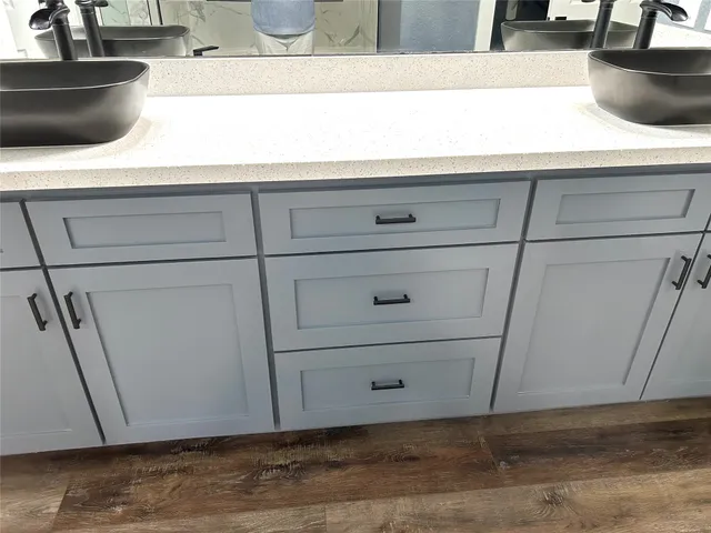 a close view of a sink and a potted plant on a counter