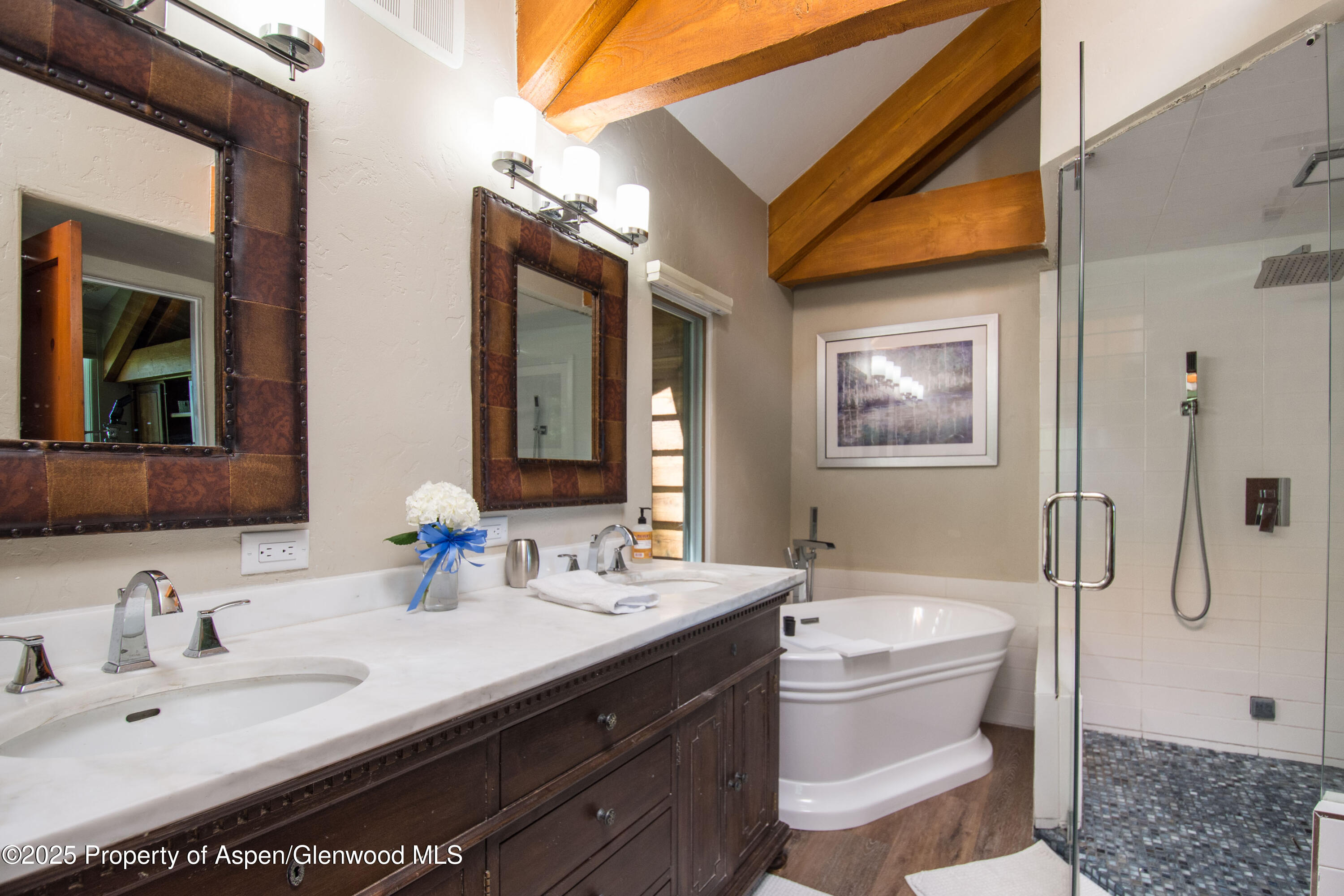 215 Maple Ridge Lane Snowmass Village, CO 81615 - Photo 17 of 30 a bathroom with a double vanity sink a toilet and a mirror