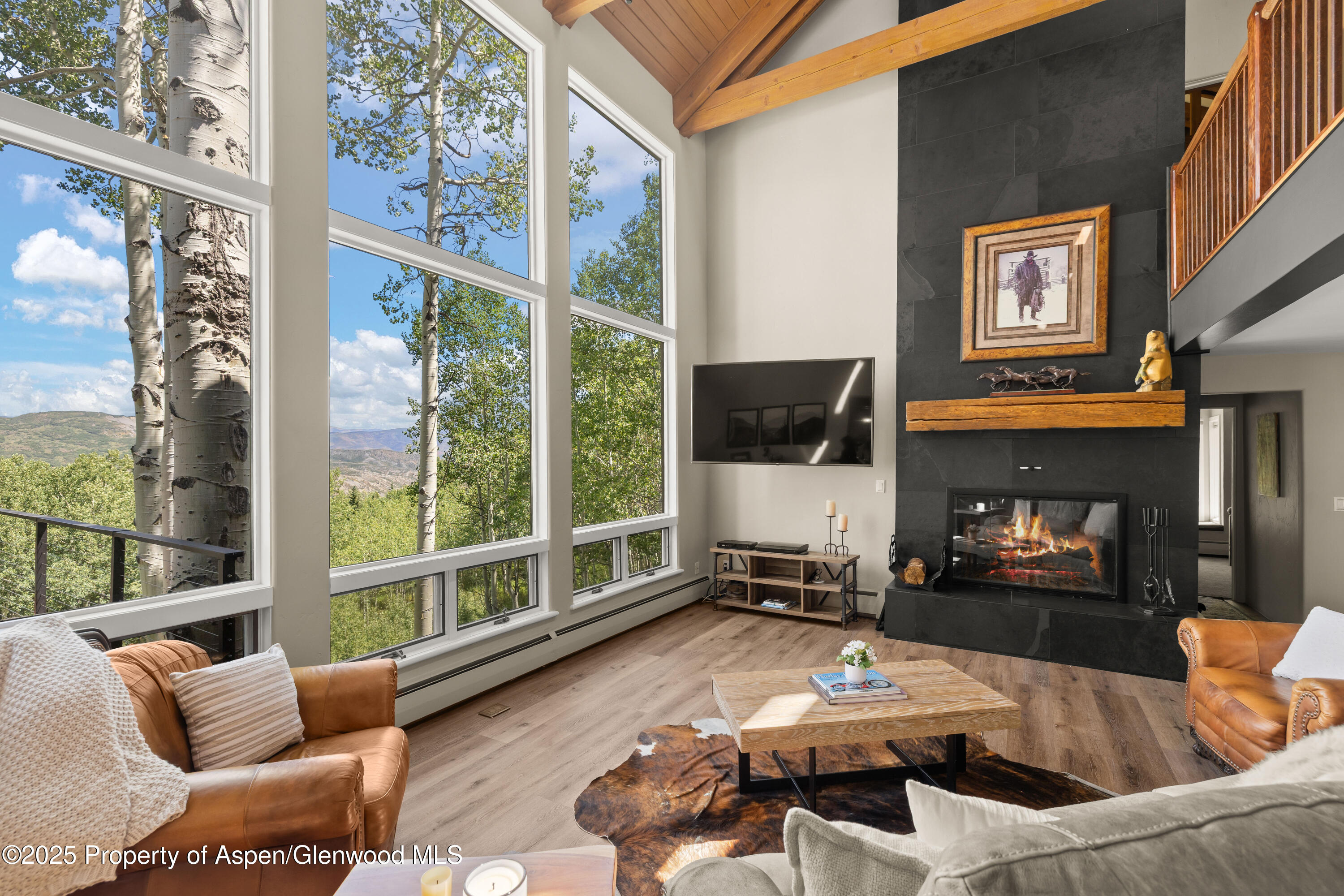 215 Maple Ridge Lane Snowmass Village, CO 81615 - Photo 3 of 30 a living room with furniture a flat screen tv and a floor to ceiling window