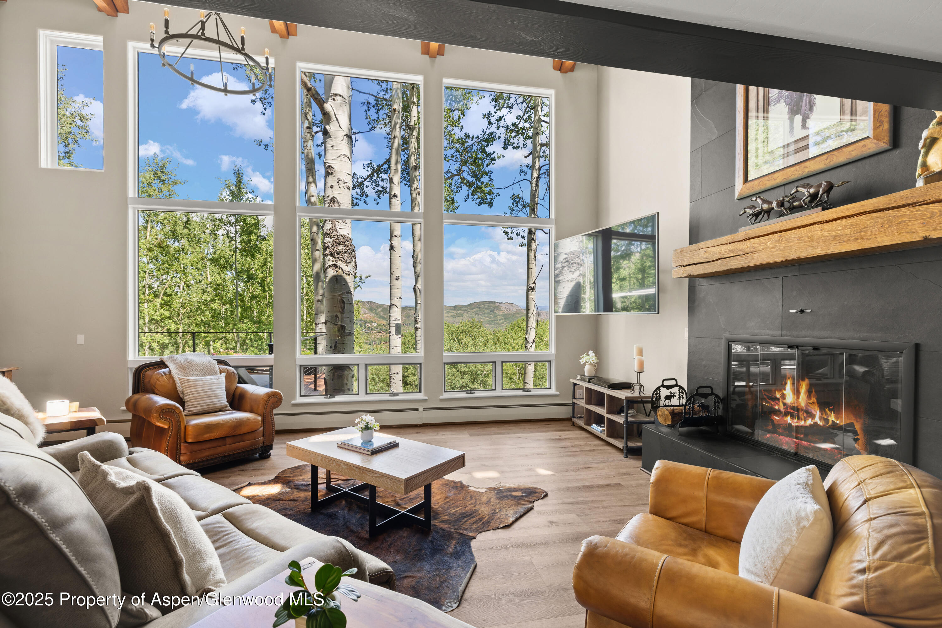 215 Maple Ridge Lane Snowmass Village, CO 81615 - Photo 4 of 30 a living room with furniture fireplace and large windows