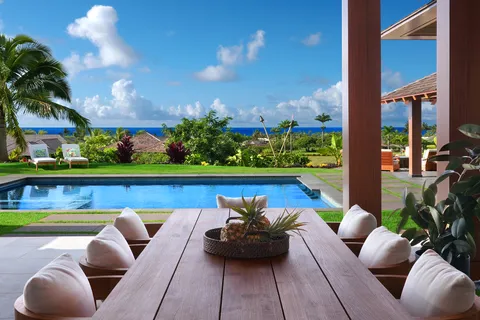 a view of a patio with couches chairs and a potted plant
