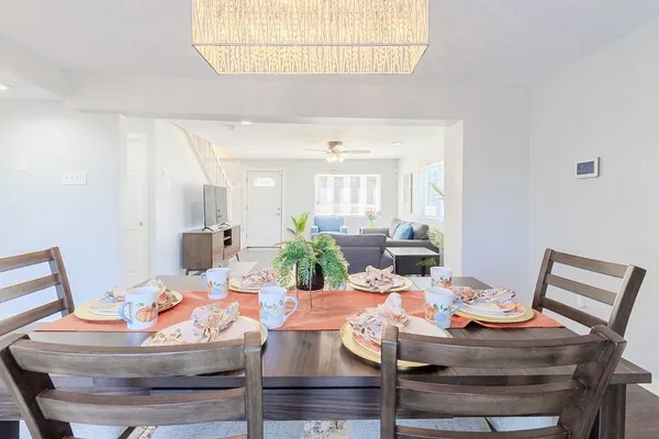a view of a dining room with furniture