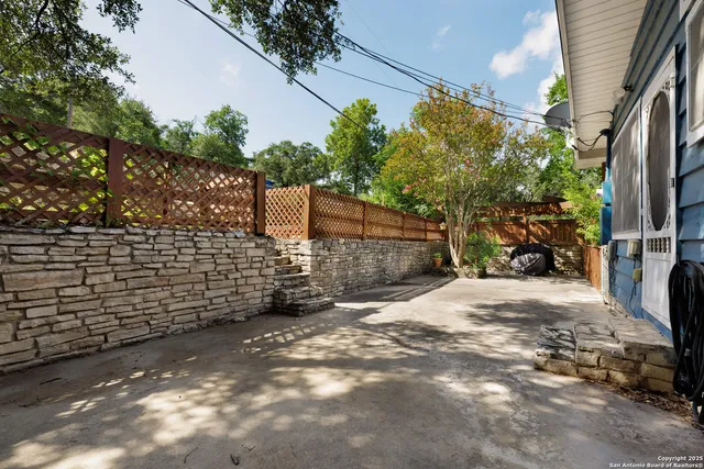a view of a yard with plants and trees