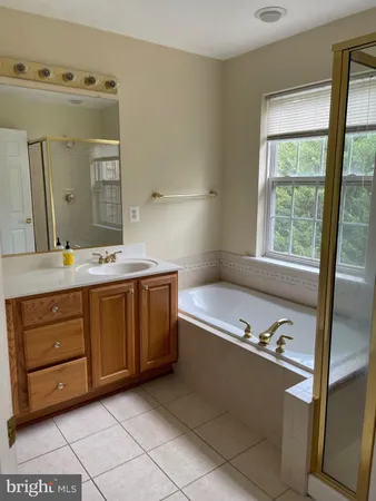 a bathroom with a tub sink and mirror