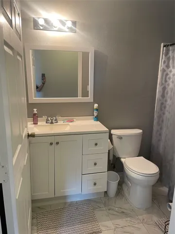 a bathroom with a sink toilet and mirror