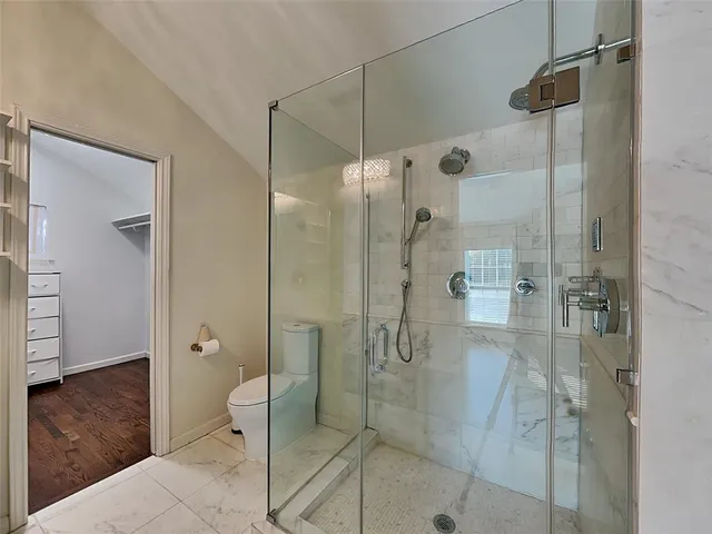 a bathroom with a shower and toilet