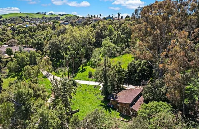 an aerial view of residential houses with outdoor space and covered with trees