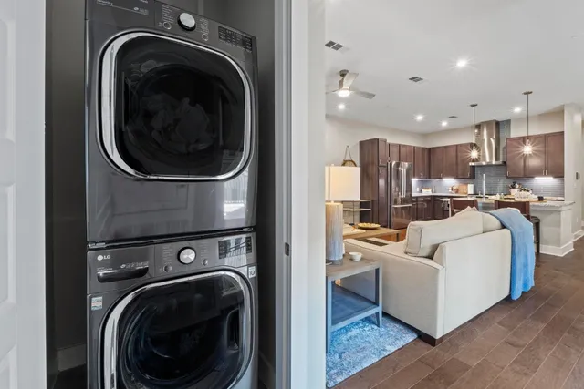 a view of a kitchen with washer and dryer
