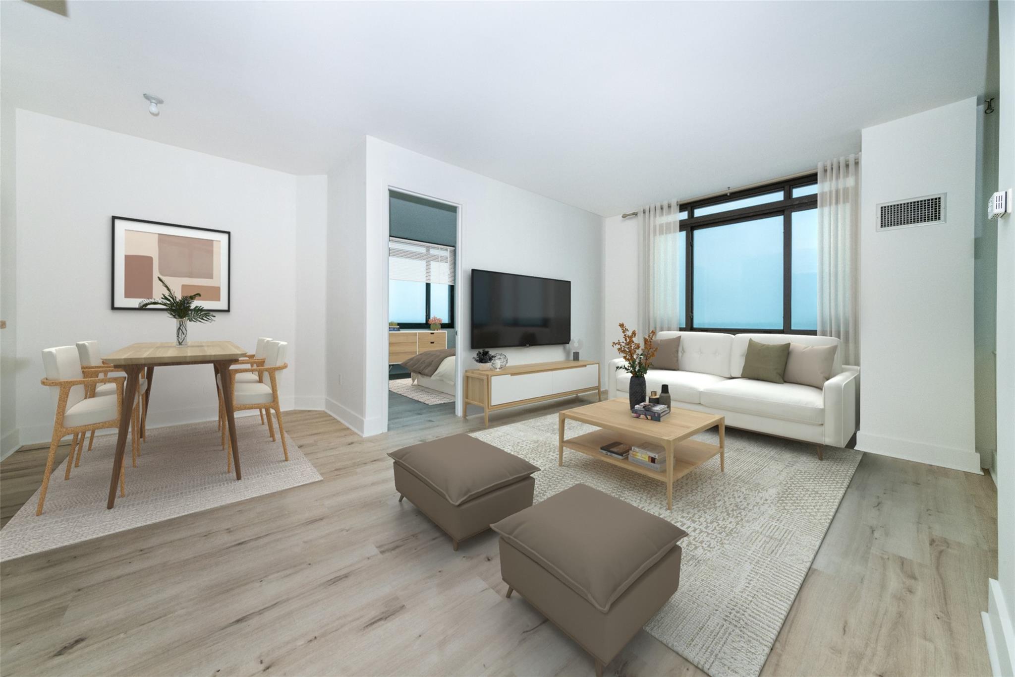 Virtually staged living room/dining alcove